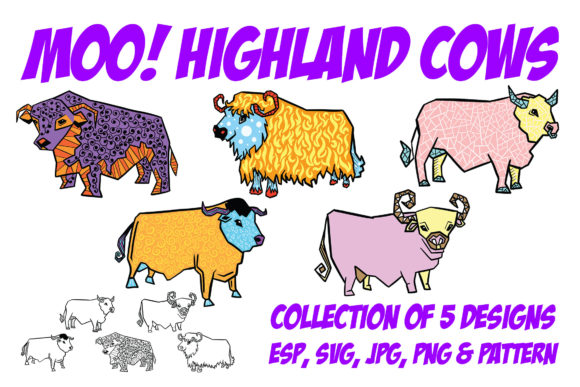 Highland Cow Cartoon Collection PNG, JPG